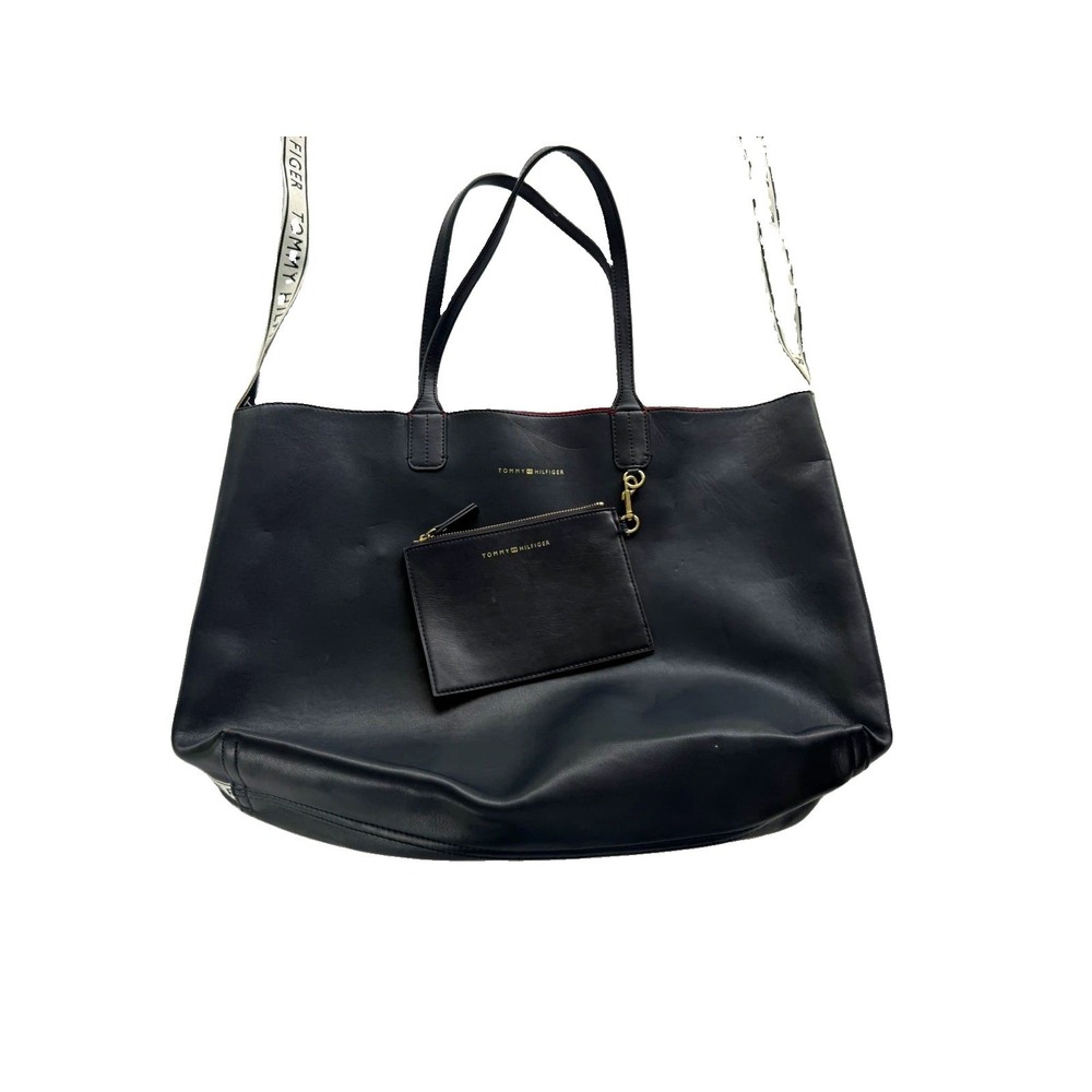 Tommy Hilfiger Logo Tote Bag Navy Double Handles Gold Hardware Detach Zip Pouch